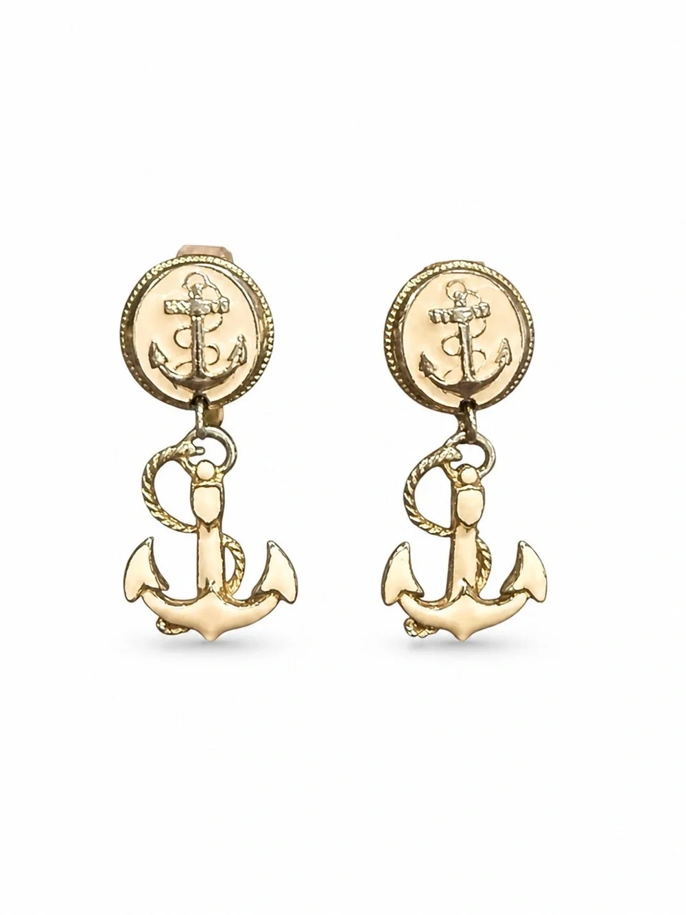 Vintage Gold Tone Cream Enamel Anchor Dangle Clip Earrings
